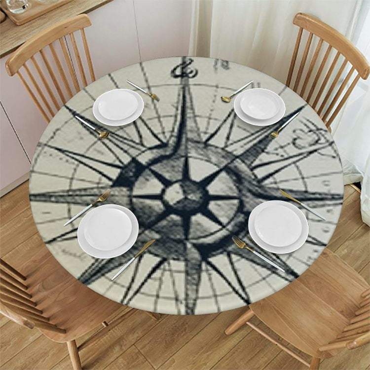 HAOXIT Sea Map Tablecloth Compass Sailing Ship Round Table Cloth ...