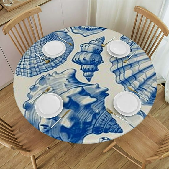 HAOXIT Sea Shells Tablecloth Vintage Blue Beautiful Sea Cockleshell Nautical Beach Round Table Cloth Washable Table Cover for Kitchen Dining Tabletop Decoration Round Tables 54-58