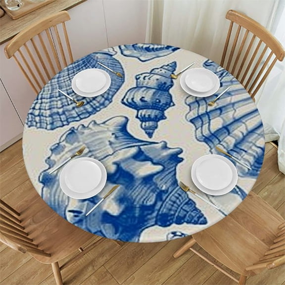 HAOXIT Sea Shells Tablecloth Vintage Blue Beautiful Sea Cockleshell Nautical Beach Round Table Cloth Washable Table Cover for Kitchen Dining Tabletop Decoration Round Tables 42-46