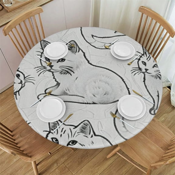 HAOXIT Seamless Cute Cartoon Cats on White Round Table Cloth, Circle Table Dinner Tablecloth, Desk Cloth Cover for Home Party Wedding 42-46