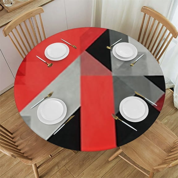 HAOXIT Seamless Triangles Geometric Shapes Black Red White Grey Pattern Round Tablecloth, Washable Circular Macrame Table Cloth Cover for Kitchen Dinner Party Tabletop Decor 31-35