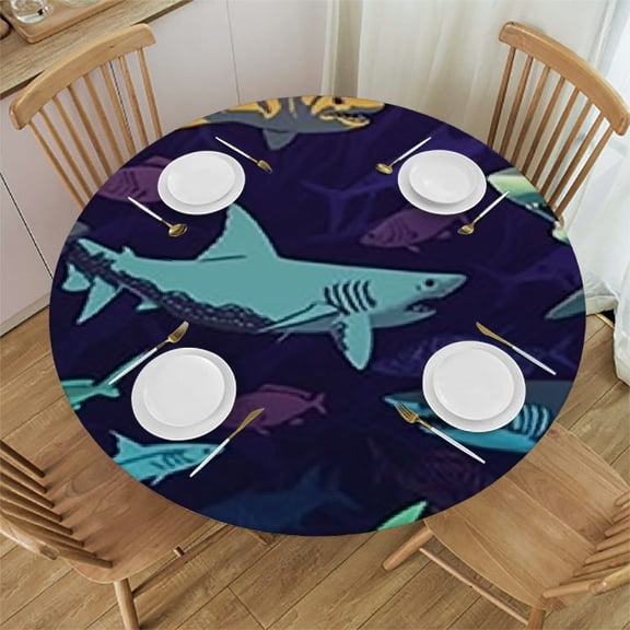 HAOXIT Seamless Yellow Purple Turquoise Swimming Sharks on Dark Round Table Cloth, Circle Table  Dinner Tablecloth cover, Desk Cloth Cover for Home Party Wedding 38-42