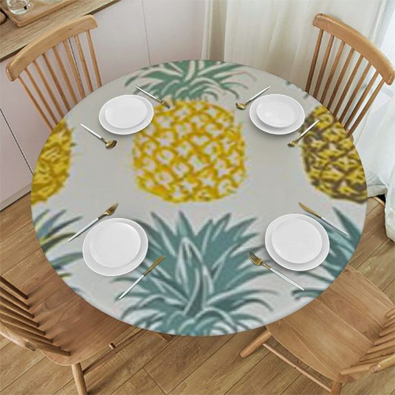 HAOXIT Seamless Yellow Turquoise Teal Green White Pineapples on White Round Tablecloth, Washable Circular Macrame Table Cloth Cover for Kitchen Dinner Party Tabletop Decor 42-46