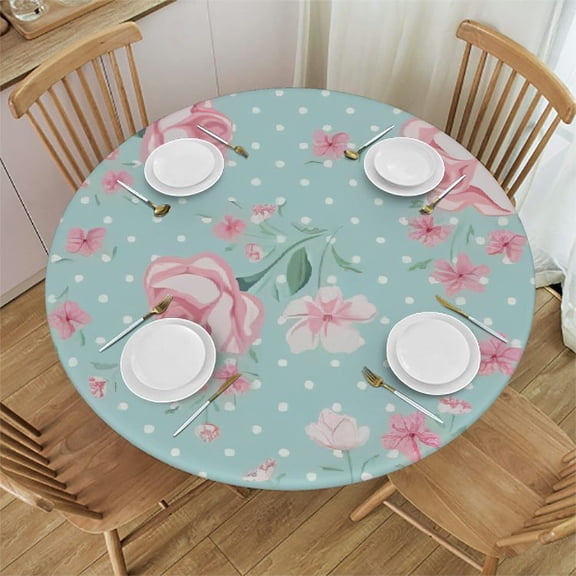HAOXIT Shabby Rose Polka Dots Round Fitted Tablecloth with Elastic Protector Table Kitchen Dinner Waterproof Oil-Proof Table Covers 31"-35