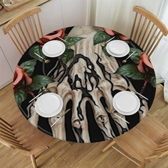 HAOXIT Skeleton Hand with Black Flowers Tablecloth Evil Death Red Nail Floral Round Table Cloth Washable Table Cover for Kitchen Dining Tabletop Decoration Round Tables 46-50