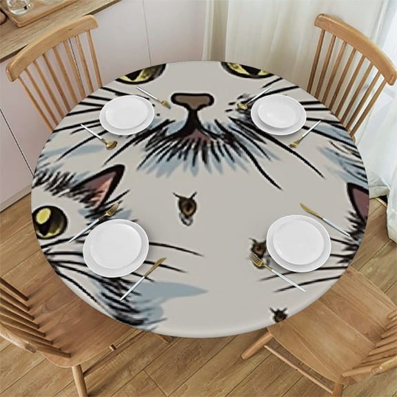 HAOXIT Sketchy Tablecloth, Fluffy Cat Family with Mother Babies Feline Animal Humor Illustration, Round Table Cover for Dining Room Kitchen Decor 46-50