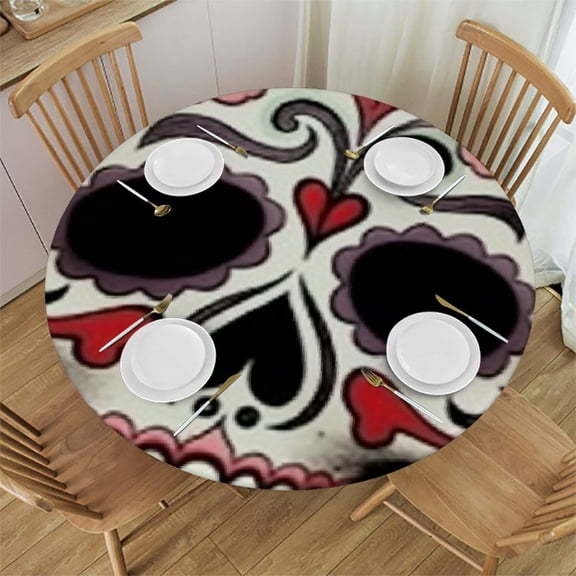 HAOXIT Skull Tablecloth Home Decor Mexico Day of The Dead Skeleton Head Red Flower Table Covers Polyester Round Tablecloths Kitchen 31-35