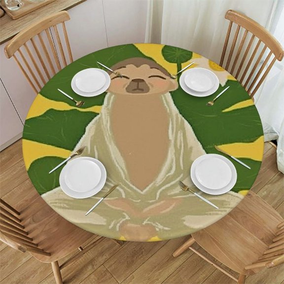 HAOXIT Sloth Meditates with Tropical Monstera Leaves Flowers on Yellow Round Table Cloth, Circle Table Dinner Tablecloth, Desk Cloth Cover for Home Party Wedding 54-58