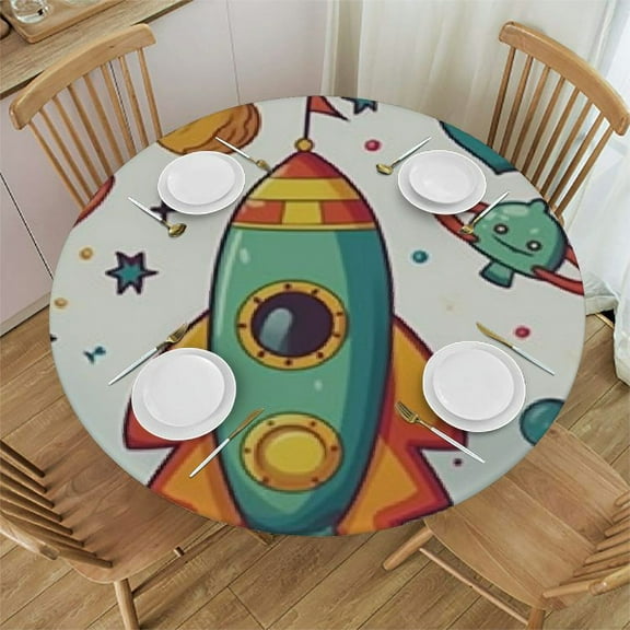 HAOXIT Space Tablecloth, Outer Space Ship UFO Planets Alien Earth Saturn Galaxy, Round Table Cover for Dining Room Kitchen Decor