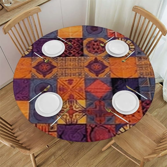HAOXIT Spanish Tablecloth, Moroccan Tiles in Vibrant Historical Cultural Artwork Mosaic Print, Round Table Cover for Dining Room Kitchen Decor