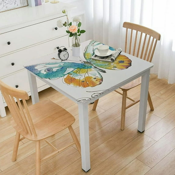 HAOXIT Spring Claudette Yellow Pastel Floral Vinyl Flannel Backed Tablecloth, Square, Roses and Butterfly, Easy Care Vinyl Tablecloth with Flannel Backing 46*46