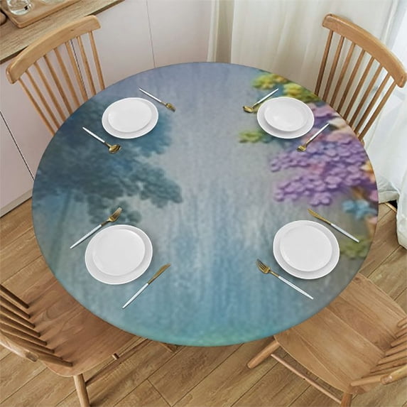 HAOXIT Spring Fitted Tablecloth with Elastic Edged, Waterproof Round Table Cover for Kitchen Dining Room, Abstract Watercolor Floral Polyester Tablecloths Wipe Clean for Round Table 42-46