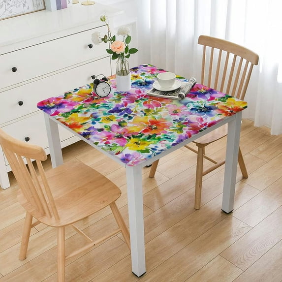 HAOXIT Spring Floral Square Fitted Tablecloth with Elastic Edge Floral Square Tablecloth Reusable Watercolor Flower Square Table Cover for Indoor Outdoor Home Kitchen Decor white