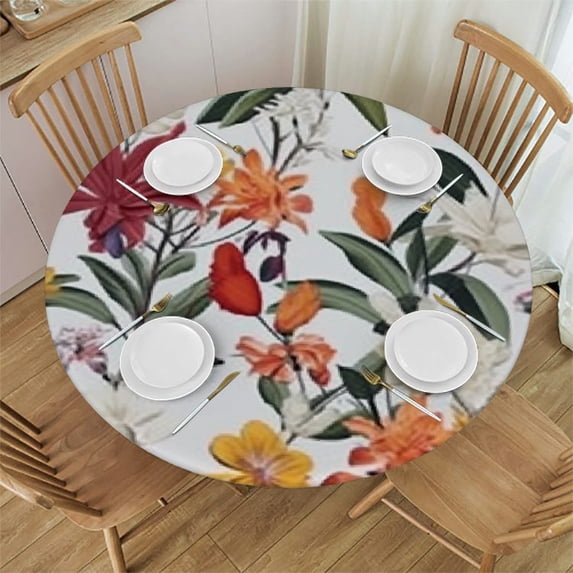 HAOXIT Spring Flowering Plants and Washable Polyester Table Cloth Decorative Table Cover Waterproof Round Tablecloth 46-50