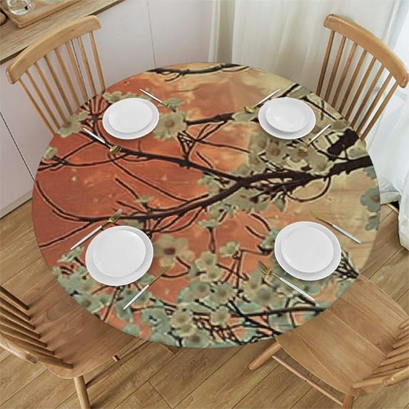 HAOXIT Spring Round Fitted Tablecloth, Cherry Blossom Sakura Tree Branches on Moon Japanese Style Illustration, for Kitchen Dining, Party, Holiday, Christmas, Buffet, Fits Round Table 38-42