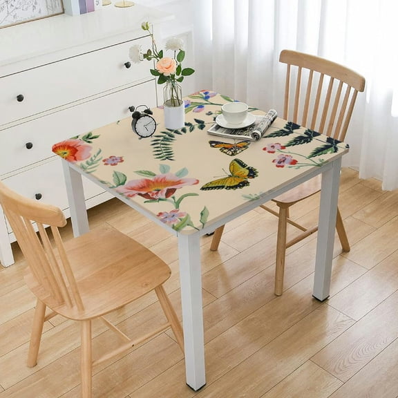 HAOXIT Spring Square Fitted Tablecloth, Butterfly Botany Florals Wipe Clean Polyester Table Cloth, Fit for Square Table, for Outdoor Picnic Camping and Indoor Kitchen Dining Party Decor, Beige 40*40