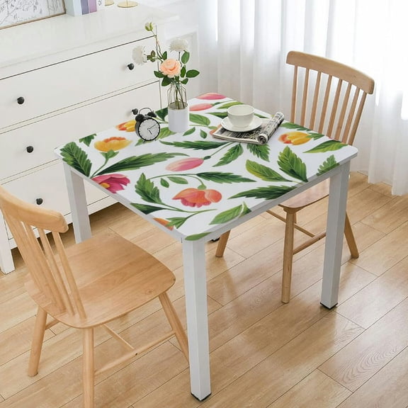 HAOXIT Spring Square Fitted Tablecloth Stretch Spandex Table Cover with Elastic Edge Tulip Floral Table Cloth for Summer Party Dining Home Picnic 36*36
