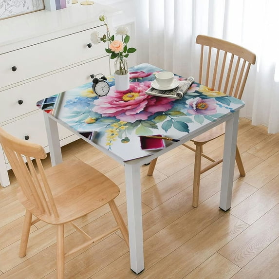 HAOXIT Spring Summer Floral Tablecloth Rectangle Blooming Wild Flower Butterfly Watercolor Table Cloth, Wrinkle Free Washable Fabric Table Cover for Dining, Party, Indoor, Outdoor, Pink 60''x60''