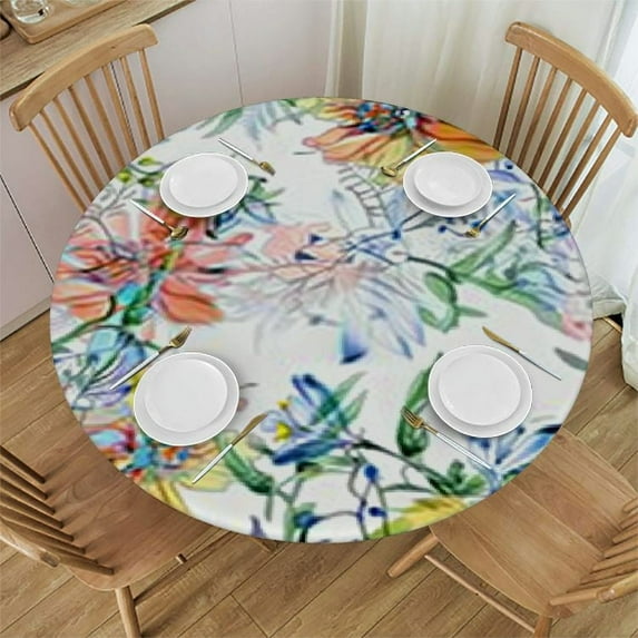 HAOXIT Spring Summer Floral Tablecloth Round Watercolor Butterfly Flower Table Cloth Washable Farmhouse Table Covers Kitchen Holiday Picnic Party Dinner Room Picnic Outdoor Decor 38-42
