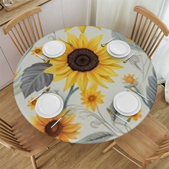 HAOXIT Spring Summer Round Tablecloth White Daisy Floral Round Table Cloth Spillproof Fabric Tablecloth, Decorative Fabric Table Cover,Great for Buffet Table, Parties, Holiday Dinner, Wedding 54-58