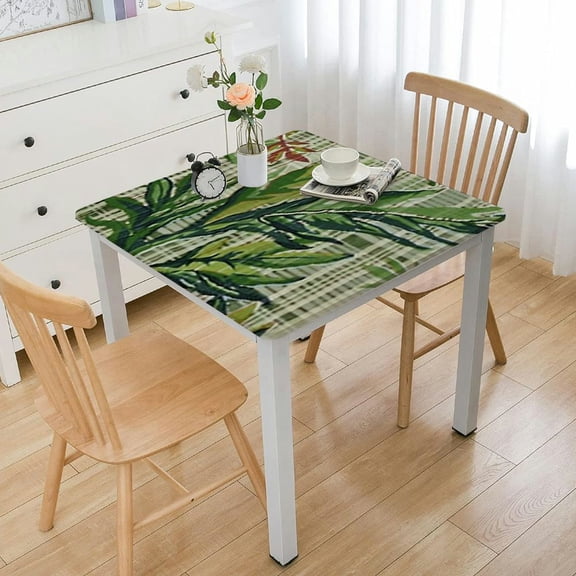 HAOXIT Spring Summer Square Tablecloth Palm Leaves Table Cloth Green Checkered Stain Resistance Polyester Washable Table Cover Tablecloth for Kitchen Outdoor Use white