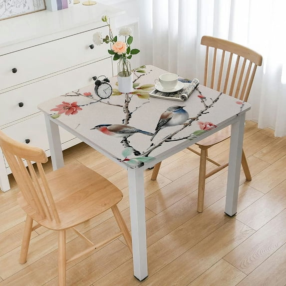 HAOXIT Spring Summer Tablecloth Rectangular, Birds Branch Floral Table Cover for Party Picnic Dinner Decor 46*46