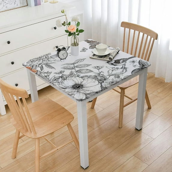 HAOXIT Spring Summerr Black Flower Birds Tablecloth Flower Print Pattern Washable Holiday Tablecloth for Family Gathering Party Dining Room 36*36
