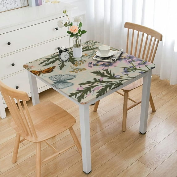 HAOXIT Spring Tablecloth Square,Sage Green Wild Flowers Table Cloth,Stain Resistance Polyester Seasonal Summer Floral Table Covers for Kitchen Dining,Small Tablecloth for Parties Picnic white