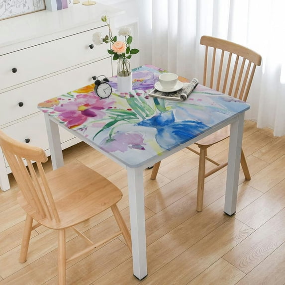 HAOXIT Square Fabric Tablecloth, Spring Blooming Petals, Easy Care and Stain Resistant Bordered Table Cloth, Pastel Floral Blooms white