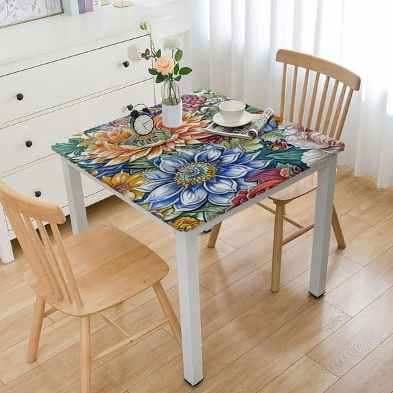 HAOXIT Square Fitted Elastic Edge Table Cloths, Colorful Flowers Boho Polyester Table Cover, for Indoor Holiday Family Banquet and Outdoor Patio Use, Fit for Square Table white