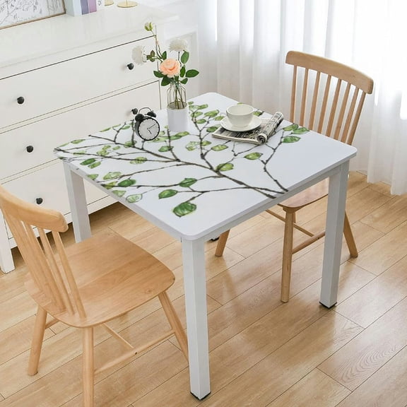 HAOXIT Square Fitted Elastic Edge Table Cloths, Watercolor Pattern Leaf Sage Grass Polyester Table Cover, for Indoor Restaurant or Outdoor Patio Party Dining white