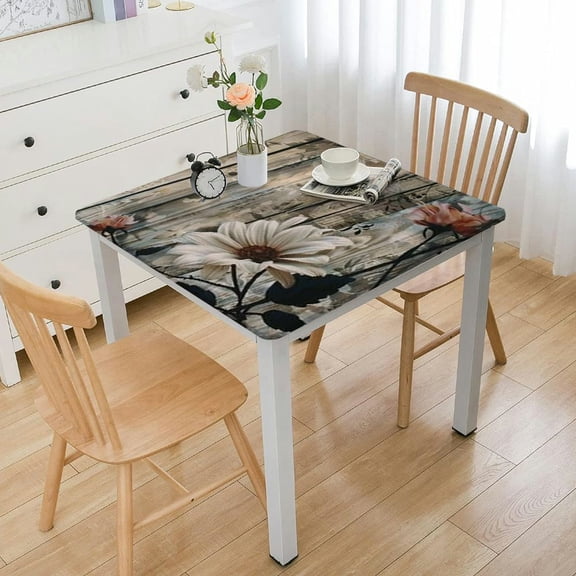 HAOXIT Square Fitted Elastic Edge Table Cloths, White Small Daisy Wipe Clean Polyester Table Cloth, for Indoor Restaurant or Outdoor Patio Party Dining, Fit for Square Table 36*36