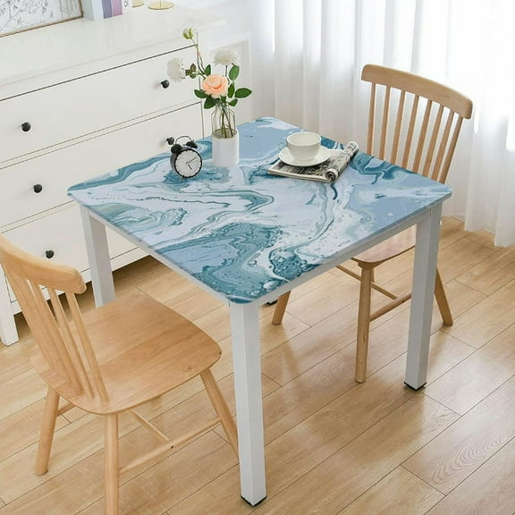 HAOXIT Square Fitted Polyester Tablecloth, Teal Blue Texture Elastic Edge Table Cloths, Stain & Dust Resistan Washable Table Cover for Family Living Room Patio Use 52*52