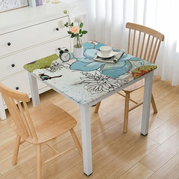 HAOXIT Square Fitted Tablecloth, Floral Elasticized Polyester Table Cover,Pastel Romantic Petals Leaves Swirls Print Fitted Table Cloth, Fits Square Tables, for Party Outdoor Patio 44''x44''