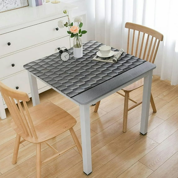 HAOXIT Square Fitted Tablecloth, Grey Elasticized Polyester Table Cover,Technology Structure with Wavy Stripe and Checkered Motif Print Fitted Table Cloth, Fits Square Tables, for Dining 54''x54''