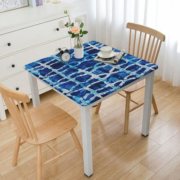 HAOXIT  Square Fitted Tablecloth, Indigo Elastic Edged Polyester Table Cover, Watercolor Geometric Squares Lines Aqua Pool Print Fitted Table Pad, Fits Square Tables, for Summer Autumn 52*52