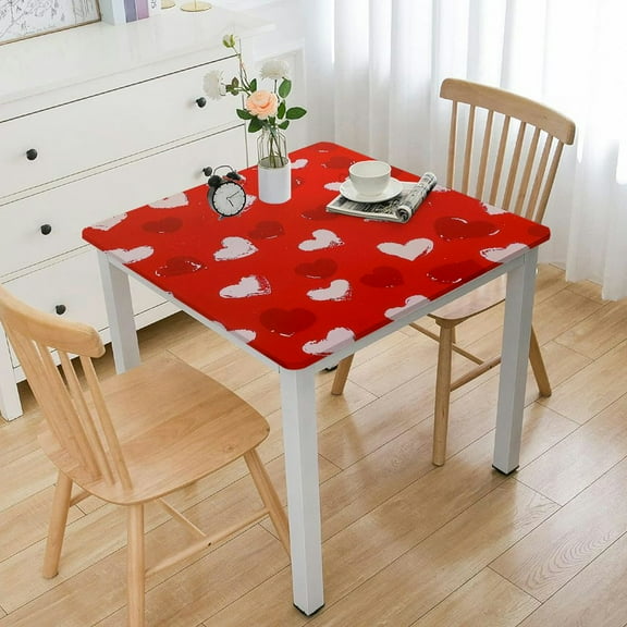HAOXIT Square Fitted Tablecloth Romantic Love Heart Table Cover with Elastic Edge Red Table Cloth Card Table Topper for Home Kitchen Dining 36*36