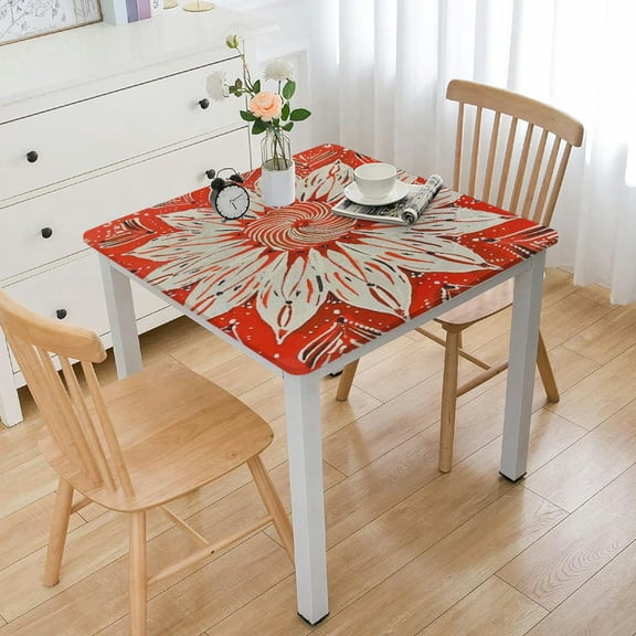 HAOXIT Square Fitted Tablecloth, Square Design Cosmos Concepts Outline Ornament Graphic, Elastic Edge, Suitable for Table Decoration, Buffet and Camping, for Square Table white