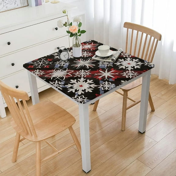 HAOXIT  Square Fitted Vinyl Christmas Tablecloth with Elastic Edged &amp; Flannel Backing, Waterproof Wipeable Square Table Cover for Indoor Patio Use - Fits Square Tables white