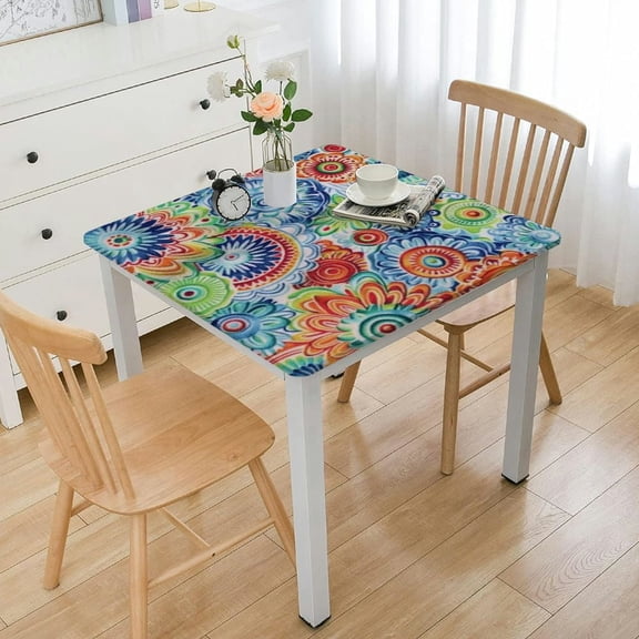 HAOXIT Square Fitted Vinyl Tablecloth with Elastic Edged & Flannel Backing, , Square Table Cover for Indoor Outdoor Patio Use - Fits Square Tables white