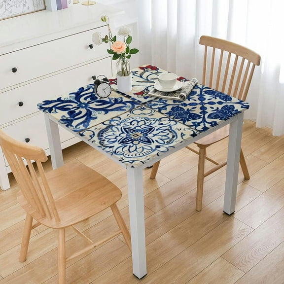 HAOXIT  Square Table  Blue White Patchwork Tile in Spanish Style,Cotton Linen Square Table  Decoration for Kitchen Family Dinner Table Holiday Party Farmhouse Style 40*40