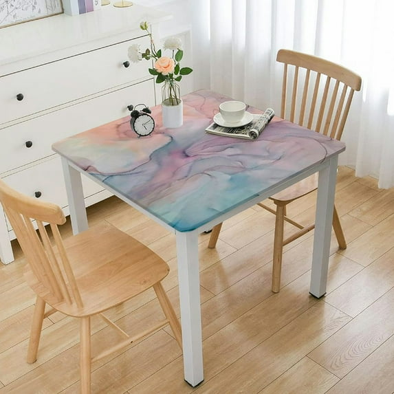 HAOXIT Square Table Top Cover Abstract Multicolored Marbling Texture Background Fitted Tablecloth with Elastic Edge for Dining Wedding Party Picnic white