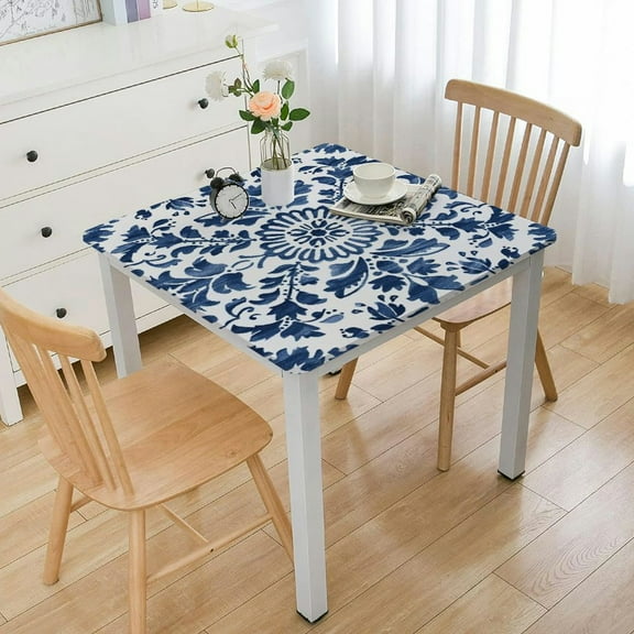 HAOXIT  Square  Tablecloth Blue and White Porcelain Floral Mexican Talavera Table Cloths Waterproof for Party Dining Holiday Banquet 46*46