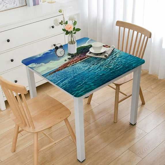 HAOXIT Square Tablecloth, at Coconut Journey Jungle Rocky Square Dining Table Cover, Fits Table, for Outdoor Indoor Holiday Picnic Party Cloth, Blue Caramel Green white