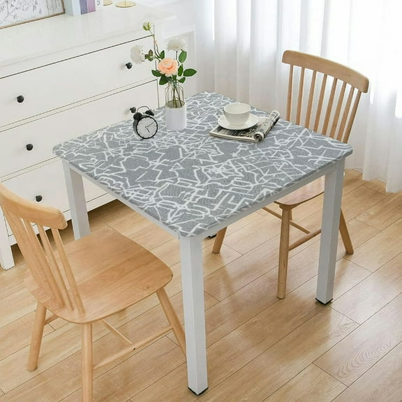HAOXIT  Square Tablecloth Vinyl Fitted Elastic Edge with Flannel Backing - Gray Geometric Pattern - Waterproof Wipeable Table Cover -Fits Square Tables white