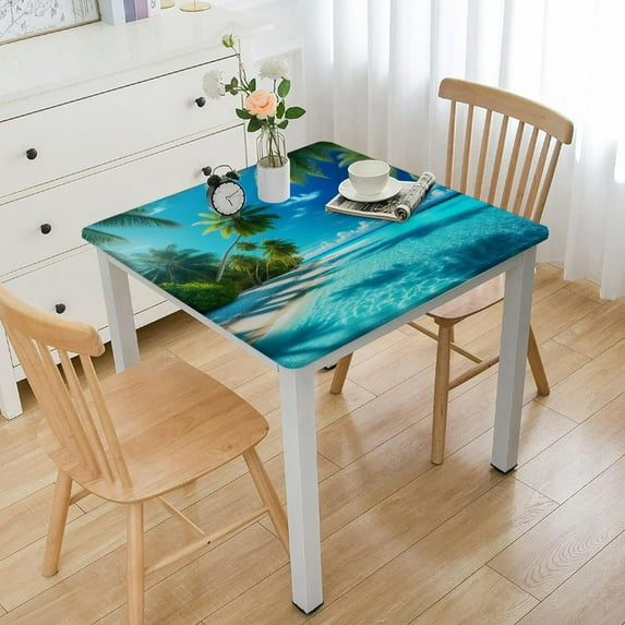 HAOXIT Square Tablecloths,Waterproof Tablecloth Polyester Wrinkle Free Elastic Edged Table Cover, Blue Coast Outdoor Patio Party Dining, Fits Square Tables 54''x54''