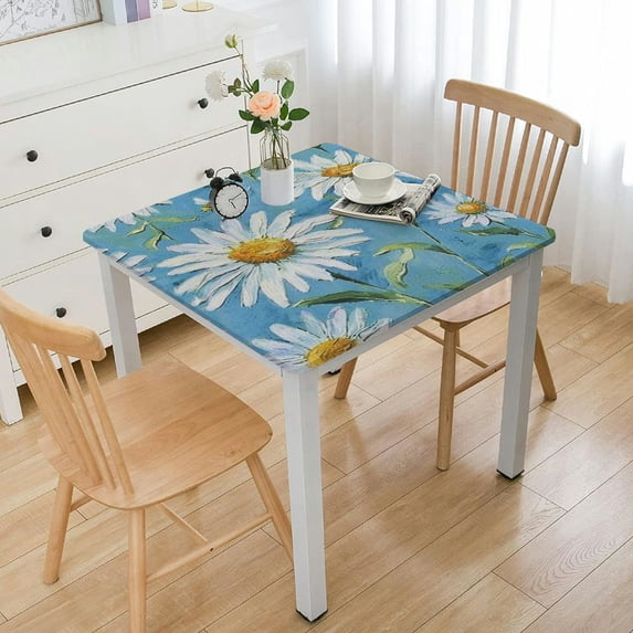 HAOXIT Square Watercolor Floral Daisy Spring Summer Elastic Edge Fitted Table Cover Fits Square Tables white