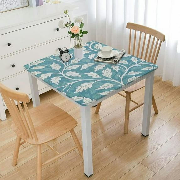 HAOXIT Square with Flannel Backing Square Table Cloth Wipeable Spillproof Peva Oilcloth s Blue Leaf white