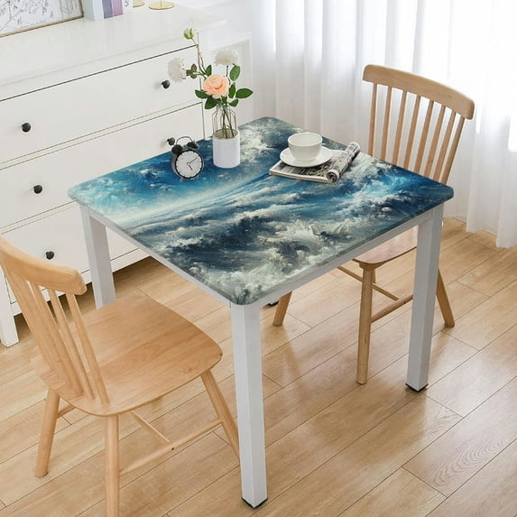 HAOXIT Summer Beach Tablecloth- Ocean Coastal Waterproof Fabric Table Cloth Protector, Nautical Seaside Aqua Beige Tablecloths Washable Table Cover for Kitchen Coffee Table Party White