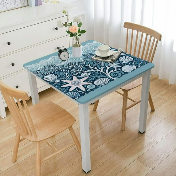 HAOXIT Summer Coastal Tablecloth Blue Table Cloth Waterproof Wrinkle Resistant Polyester Circle Table Clothes Holiday Home Party Picnic Decor White